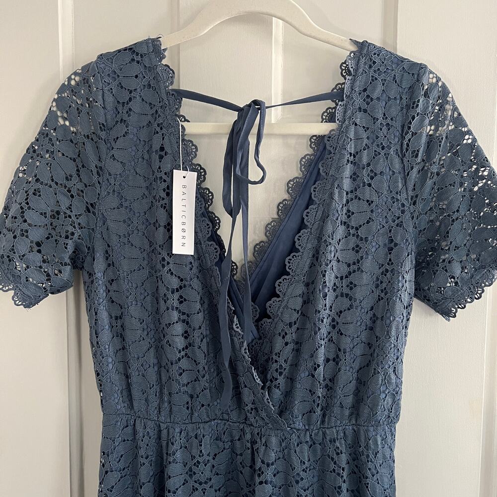 NWT Baltic Born Venice Slate Blue Lace Maxi Dress V-neck Tie Back Size L - Picture 5 of 12